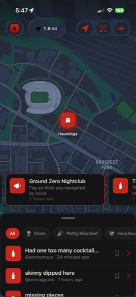 TattleTown map showing tattles pinned to places near you